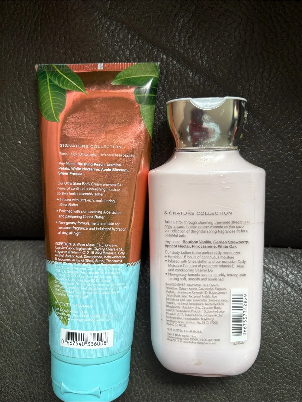 Bath and body set in pretty as a peach and bourbon strawberry and vanilla